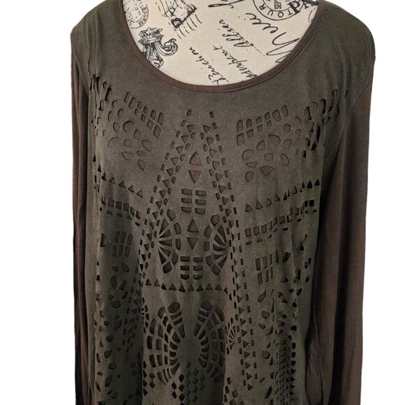 Tribal Women's Olive Green Laser Cut Blouse Size L - Picture 4 of 11